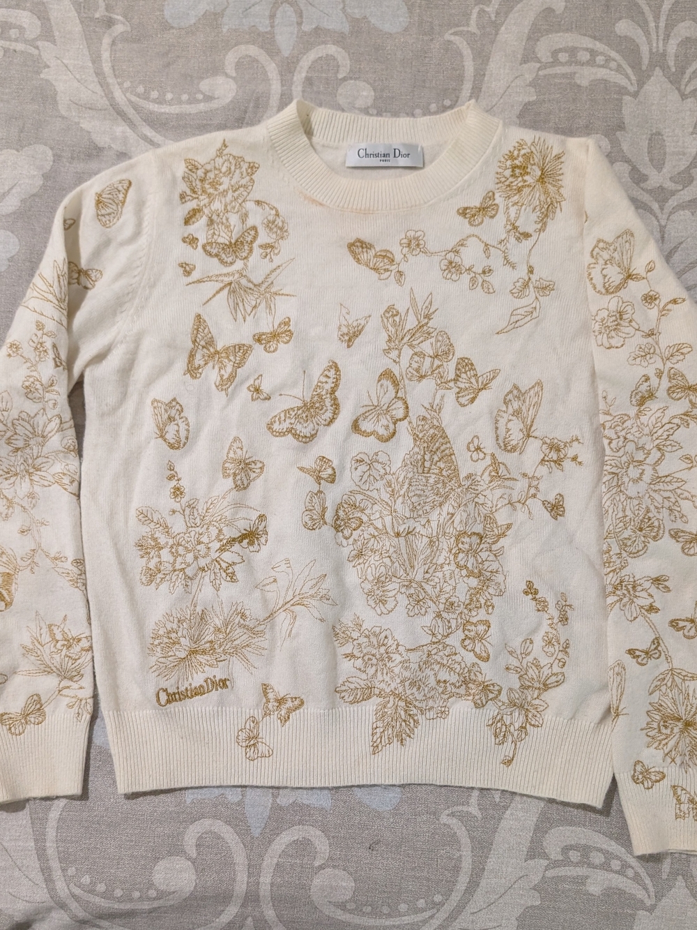 Cream Wool Sweater with Gold Floral & Butterfly Print
